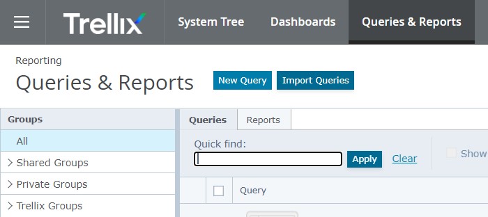 Queries & reports tab is open with the New query button appearing next to the page title