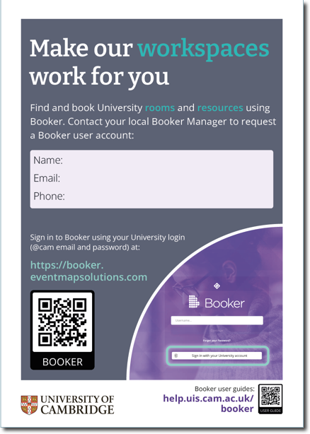 Poster for local institutions to add your local Booker Manager's details so that users can request a Booker user account