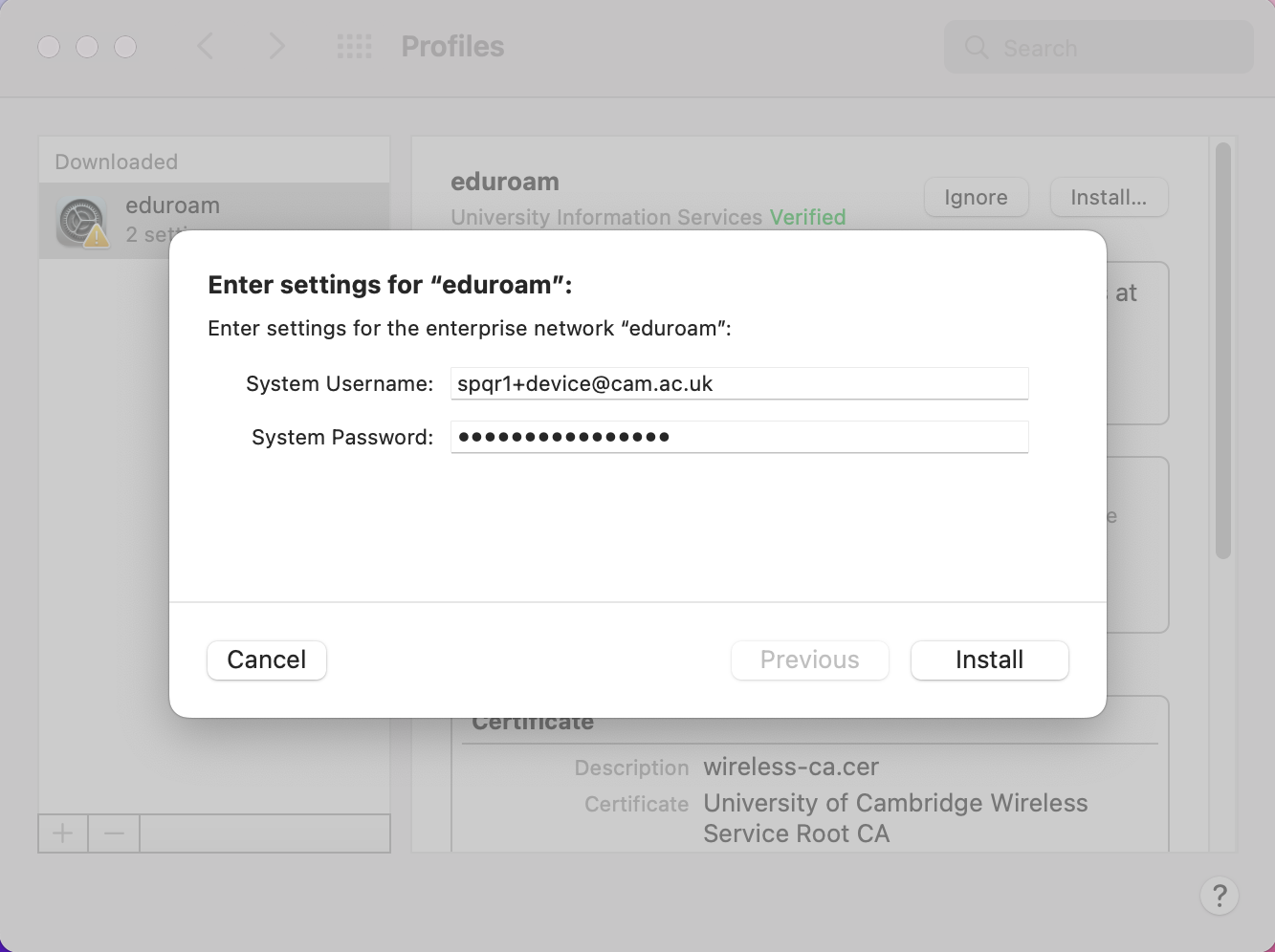 macOS eduroam settings screen