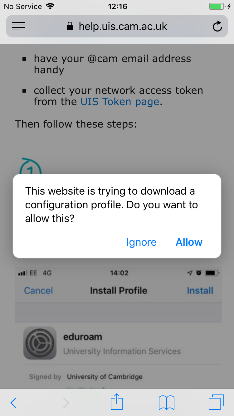 Messaging showing "This website is trying to download a configuration profile. Do you want to allow this?"