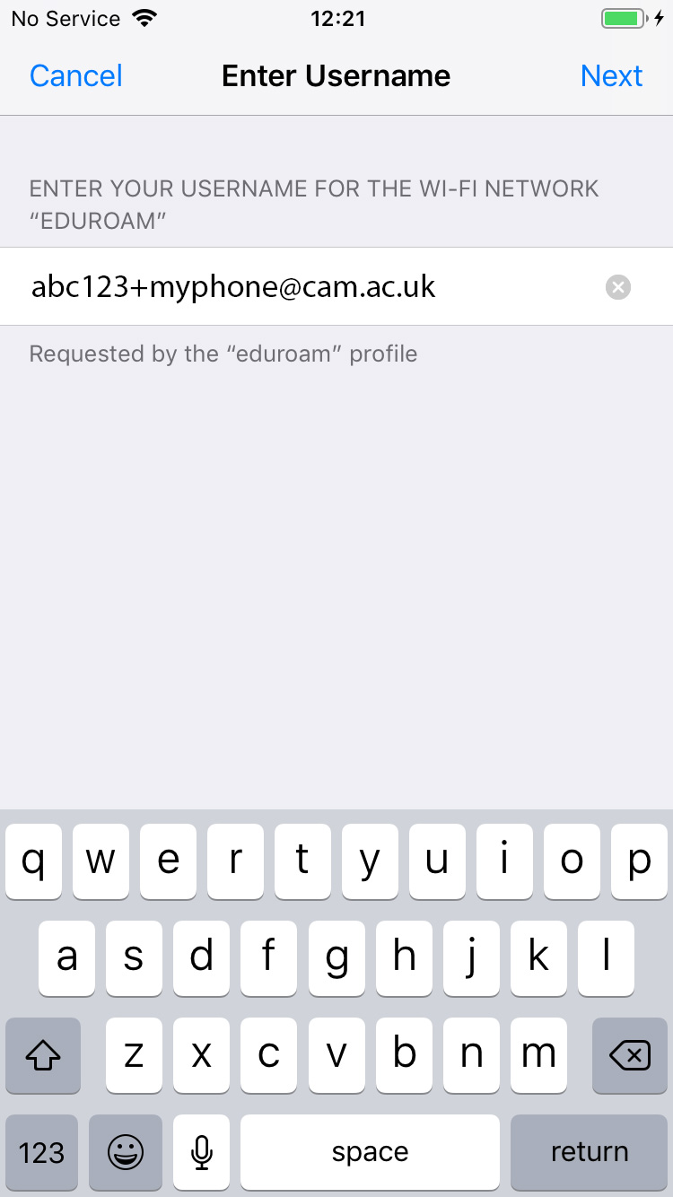Enter username screen when configuring eduroam iOS 