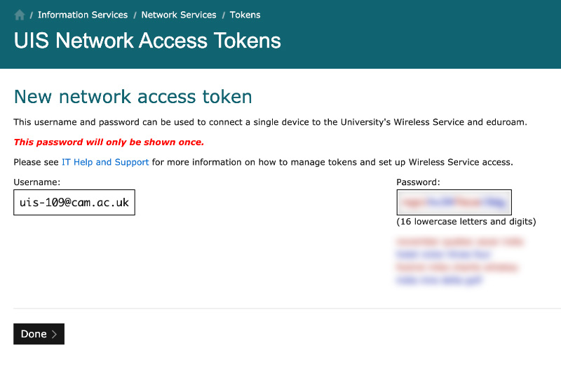 Network access token username and password screen