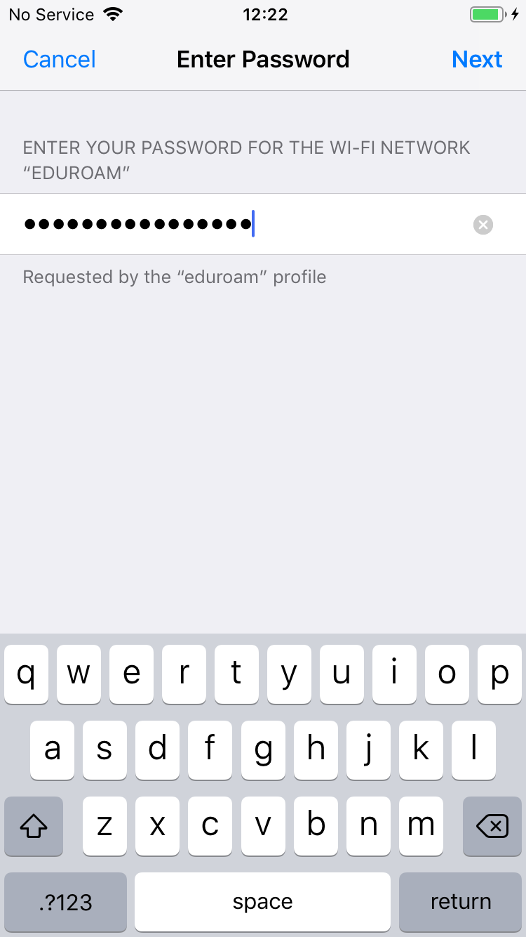 Enter token password screen when configuring eduroam on iOS