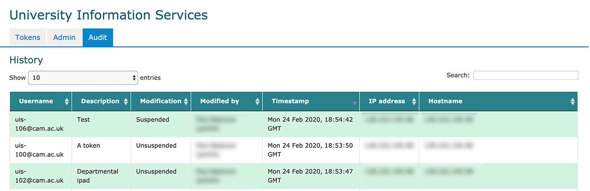 Network access token audit screen