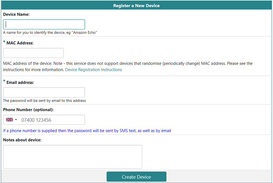 Register a new device screen on the IoT registration site