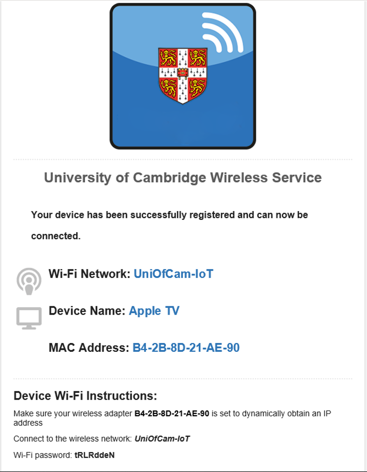 Confirmation email listing wifi password