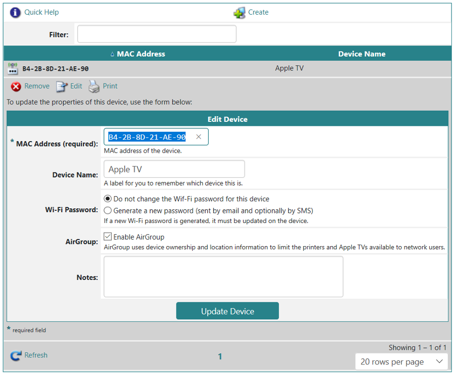 Device details screen on the IoT registration site