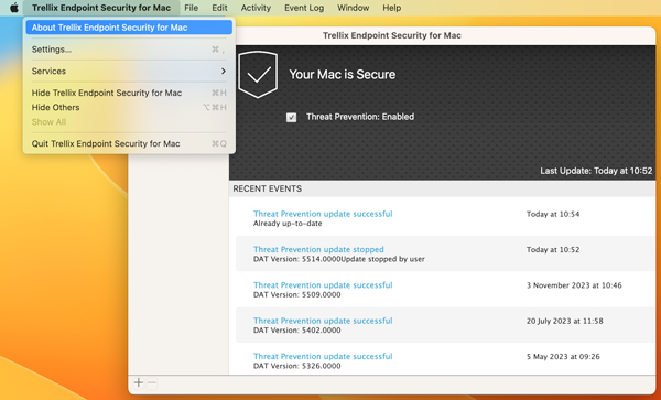 Trellix Endpoint Security for Mac menu expanded to show the 'About McAfee Endpoint Security for Mac' option