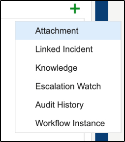 Plus sign icon on the incident screen in HEAT with 'Attachment' option selected in the drop down menu that appears