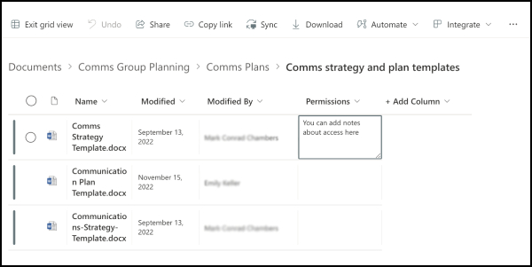 SharePoint document library appears in grid view with the cells in the new Permissions column now available for selection and to add notes