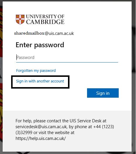 Screenshot of login window with 'Sign in to another account' highlighted