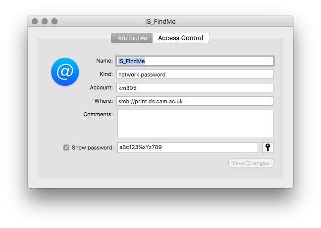 Screenshot of attributes keychain entry 
