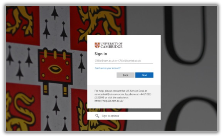 University Microsoft Azure login screen