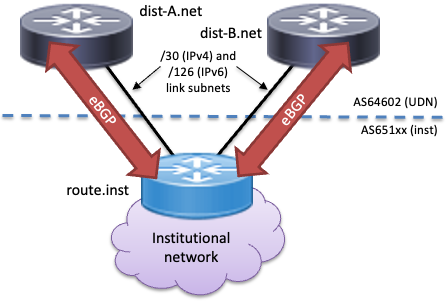 Diagram showing two UDN routers peering with one institutional router using BGP
