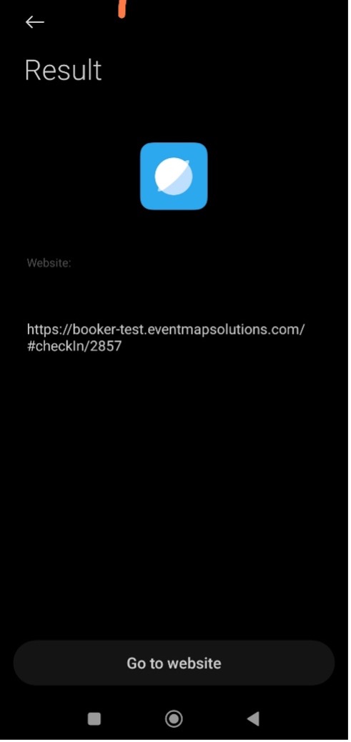 Booker result screen showing Booker URL and 'Go to website' button