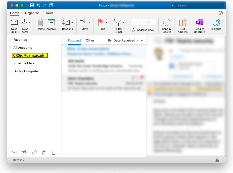 Screenshot of Outlook for Mac with cam.ac.uk account added