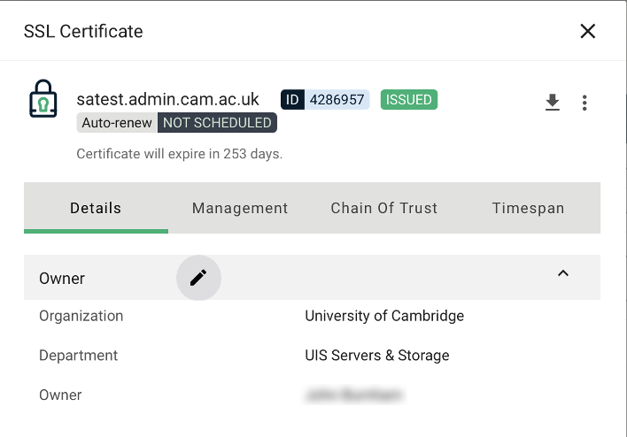 Screenshot showing the details of an individual SSL certificate with the pencil icon highlighted next to the Owner label