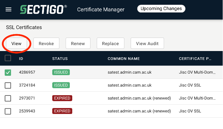 Screenshot showing the Certificate Manager with the View button highlighted in the top left-hand of the screen