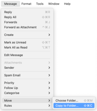 Screenshot of Message menu with Move>Copy to Folder selected