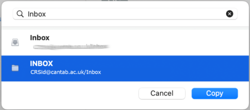 Screenshot showing cantab.ac.uk Inbox folder selected