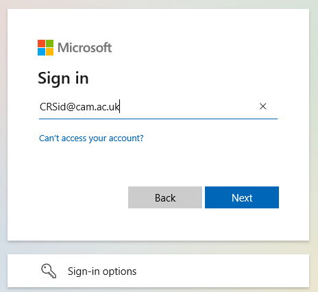 Screenshot of Sign in window with CRSid@cam.ac.uk entered as username