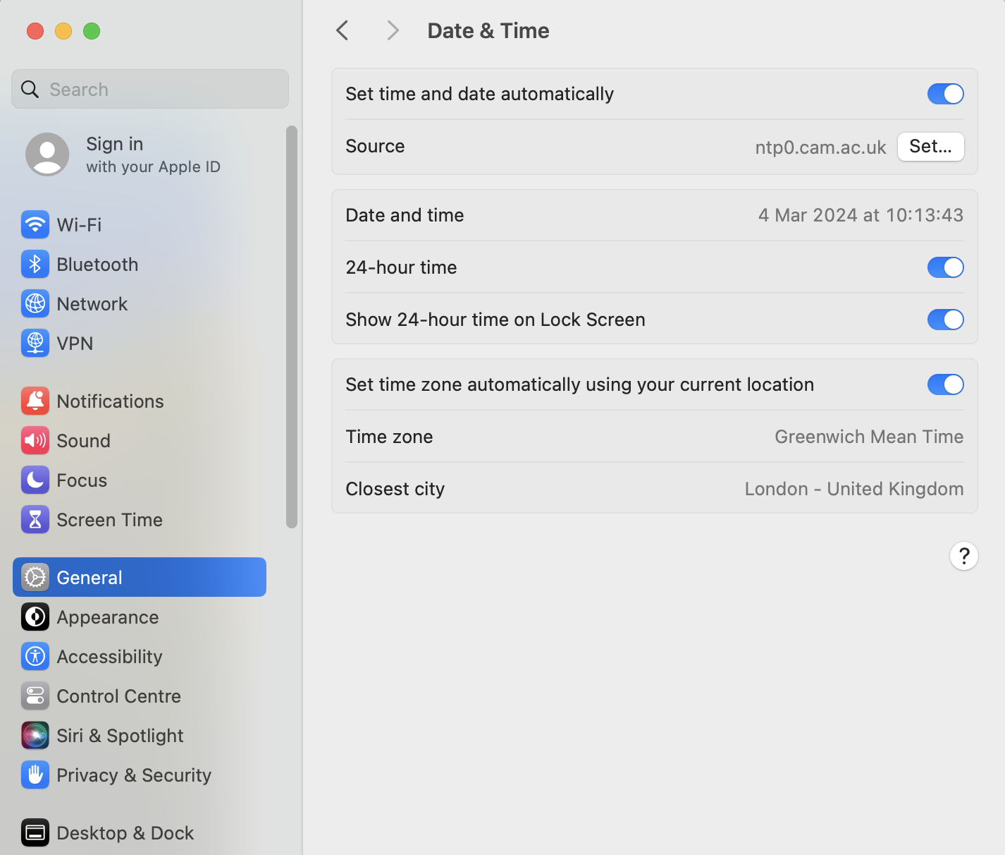 Apple Mac Date & Time settings