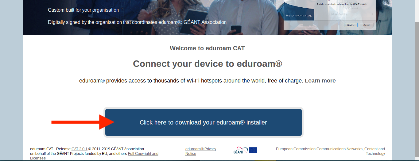 eduroam configuration assistant tool with the download button in the centre of the screen