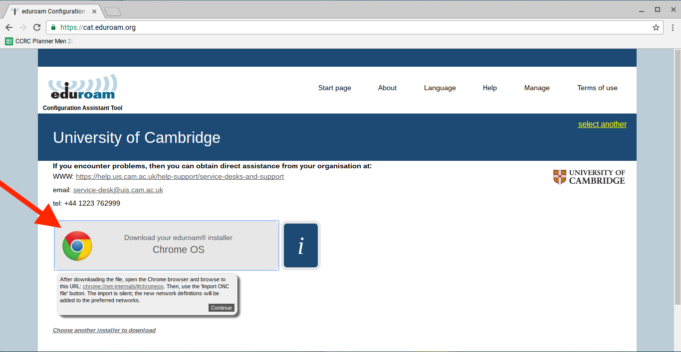 Download the Chrome OS eduroam installer button on the eduroam CAT