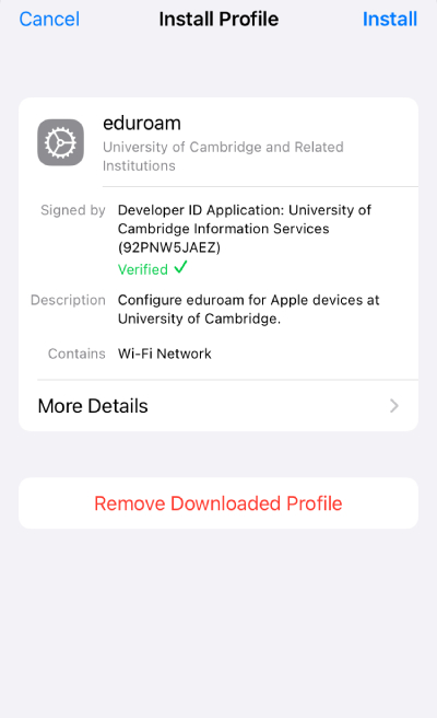 Install Profile screen on iOS showing eduroam