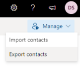 Screenshot of Manage menu with 'Export contacts' selected