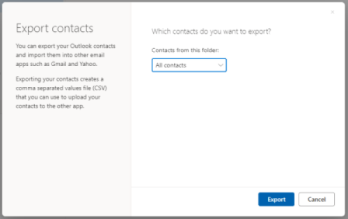 Screenshot of Export contacts pop-up window