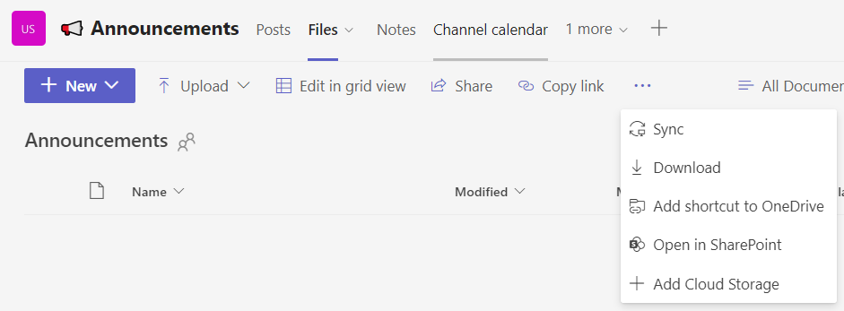 Files tab in a Teams Channel with the ellipsis menu expanded to show option to Open in SharePoint