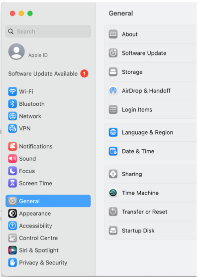 General settings menu on MacOS showing an alert that a Software Update is available