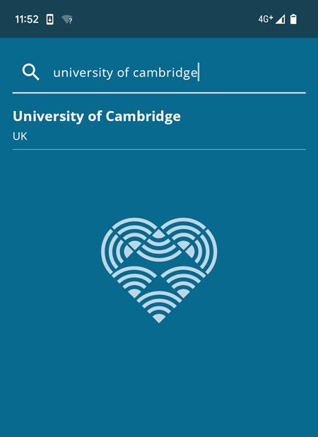 University of Cambridge selected in the institution drop-down list in the geteduroam app