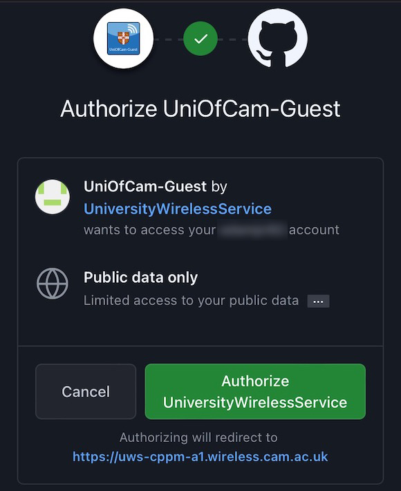 UniOfCam-Guest authorisation screen on GitHub