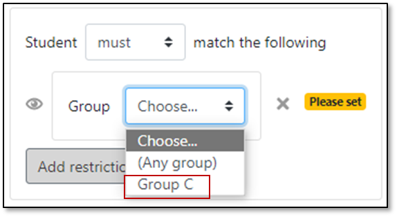 Panopto settings  'Student must match the following' has been selected with the Group selection dropdown is expanded and 'Group C' has been highlighted..