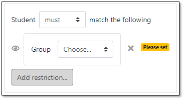 Panopto settings which allows you to add restrictions. The settings 'Student must match the following' has been selected with the Group selection field is still unselected. There is a drop down where users can choose from a list of groups.