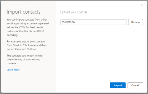 Screenshot of Import contacts pop-up window