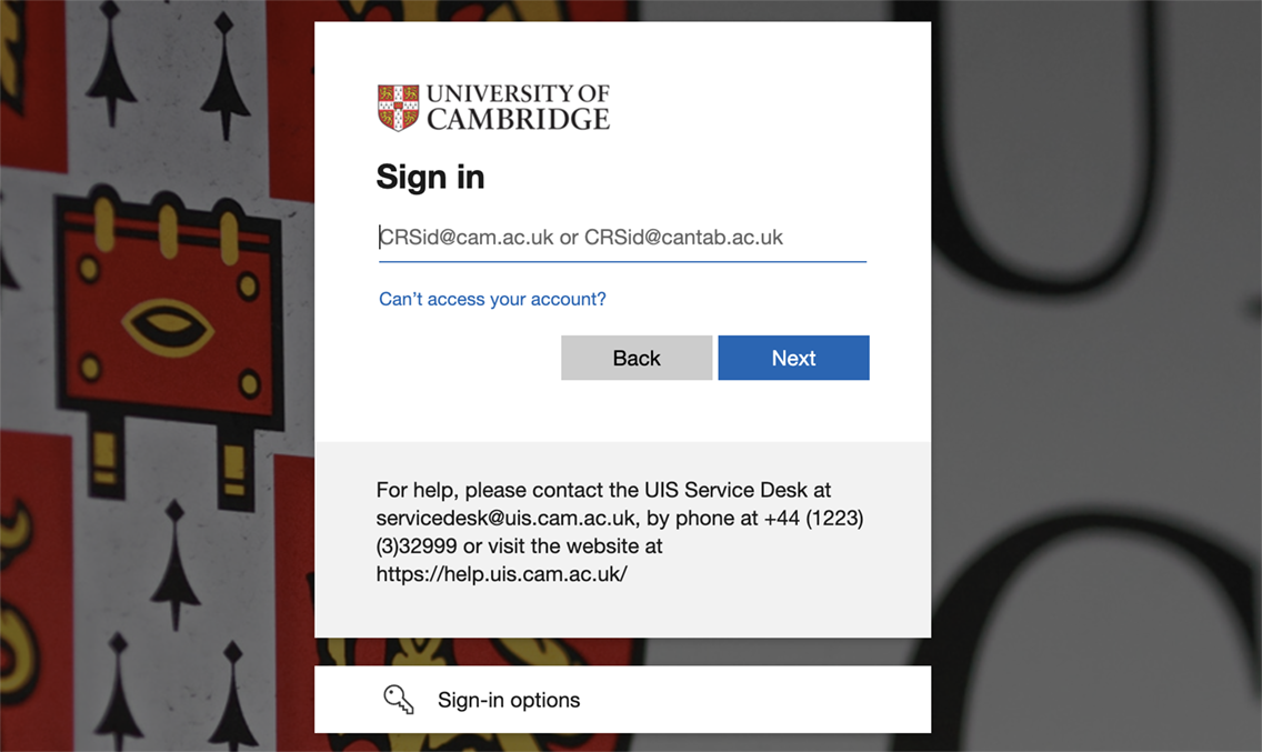 University of Cambridge account login screen