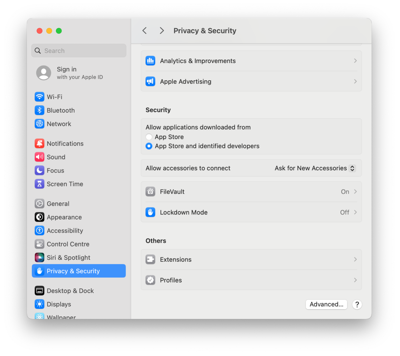 The 'Privacy & Security' window in 'System Settings' on your macOS computer.