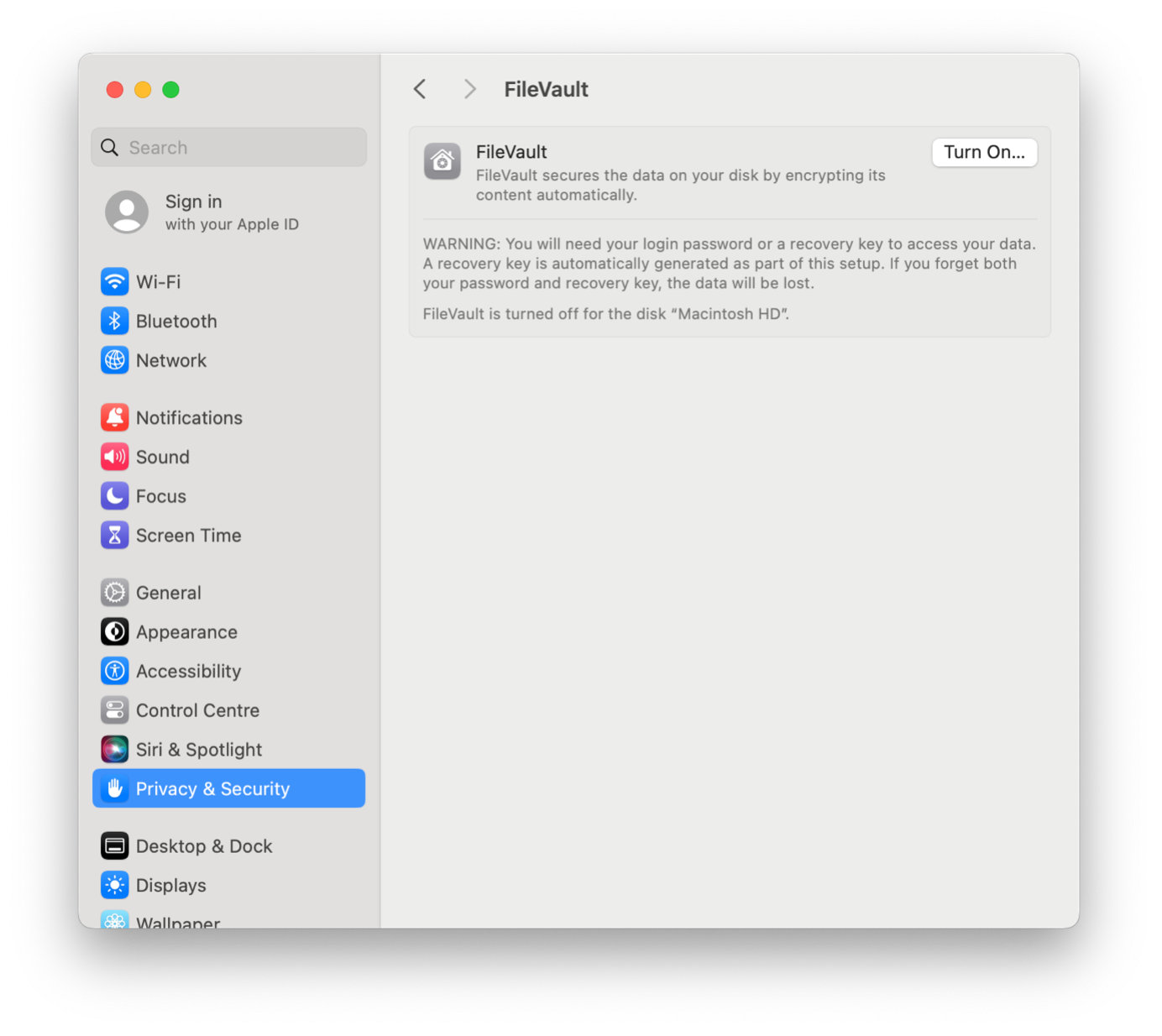 The FileVault menu in 'Privacy & Security'.