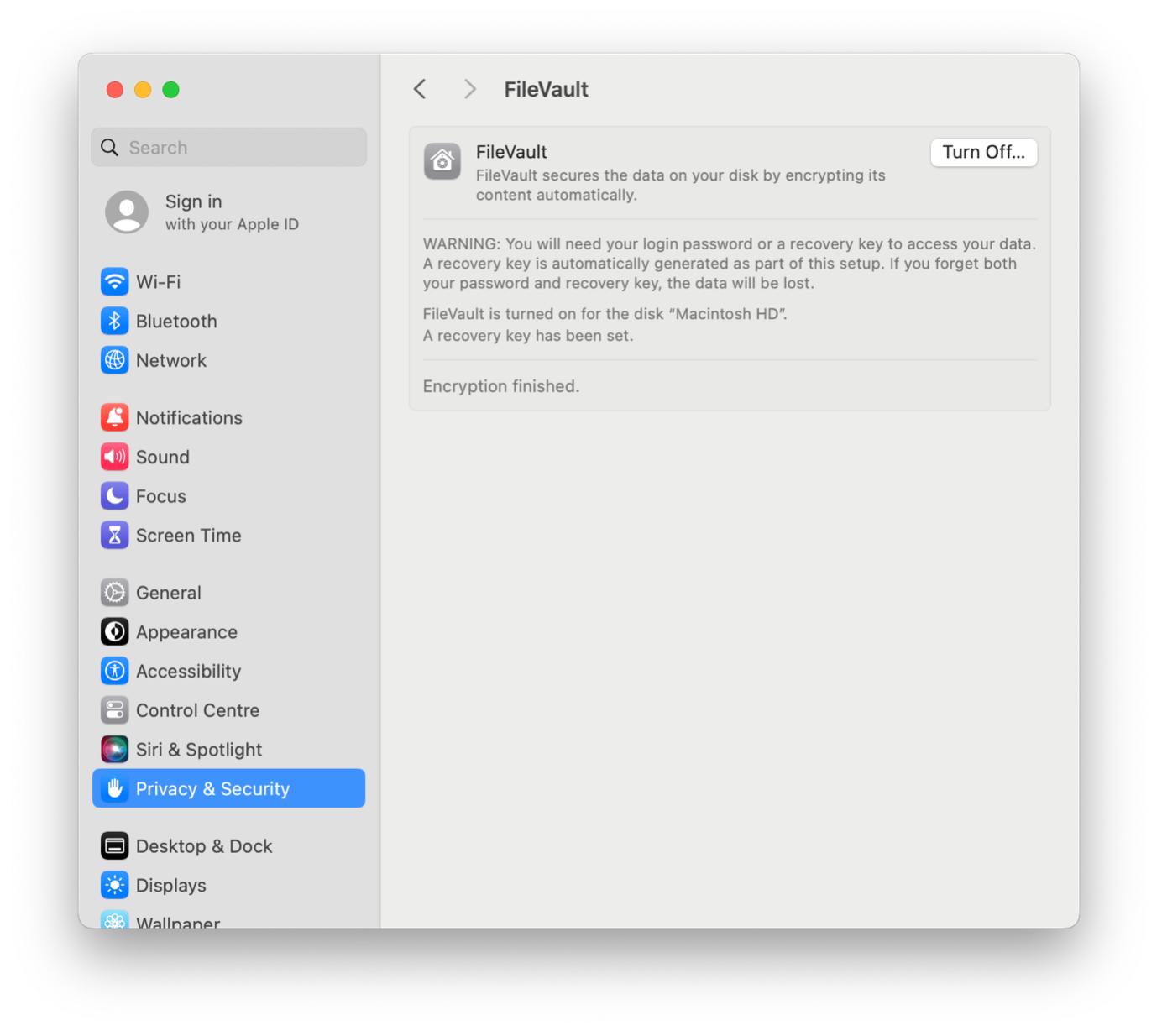 The FileVault menu in 'Privacy & Security' showing that FileVault is switched on.