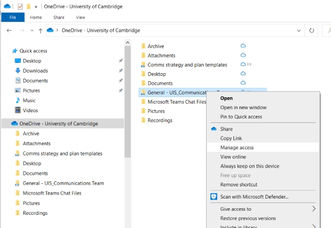 File explorer in Windows with the OneDrive file directory expanded. A folder has been selected to show the 'Manage access' menu option.