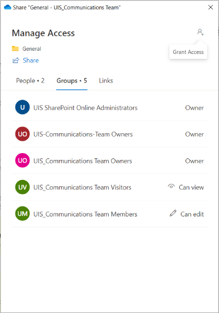 SharePoint manage access menu with the Group permission tab selected