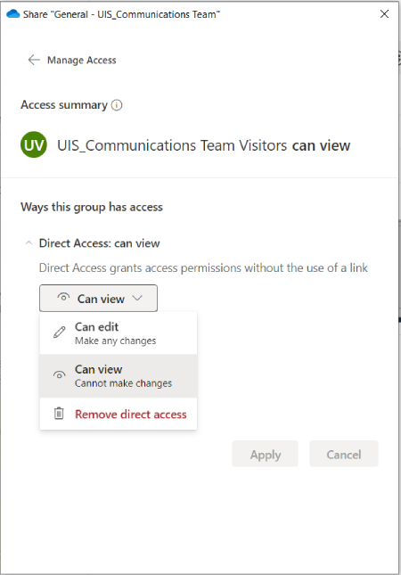 SharePoint manage access menu with the access summary menu settings expanded