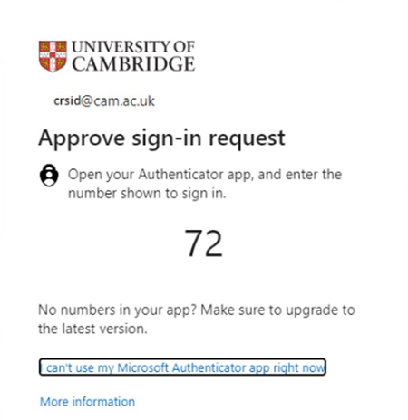 The 'approve sign-in request' screen, displaying a number you'll need to enter in the authentication app.