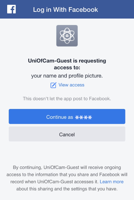 UniOfCam-Guest verification screen on Facebook