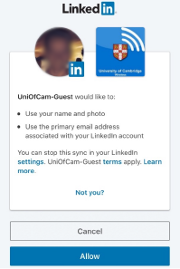 UniOfCam-Guest authorisation screen on LinkedIn