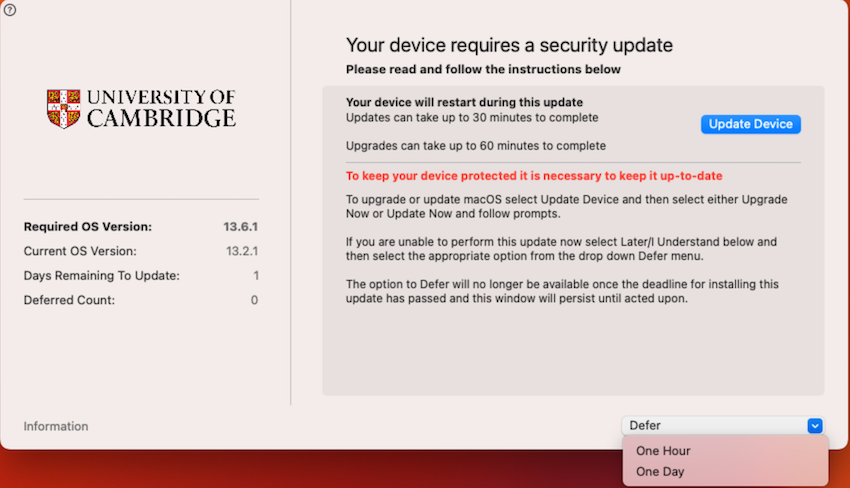 University Managed Desktop (UMD) Nudge app showing that 'Your device requires a security update' and an 'Update device' button. 