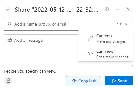 OneDrive share pop-up box with prompt to 'Add a name, group, or email'. The view option is selected showing drop-down options of 'Can edit' or 'Can view'.